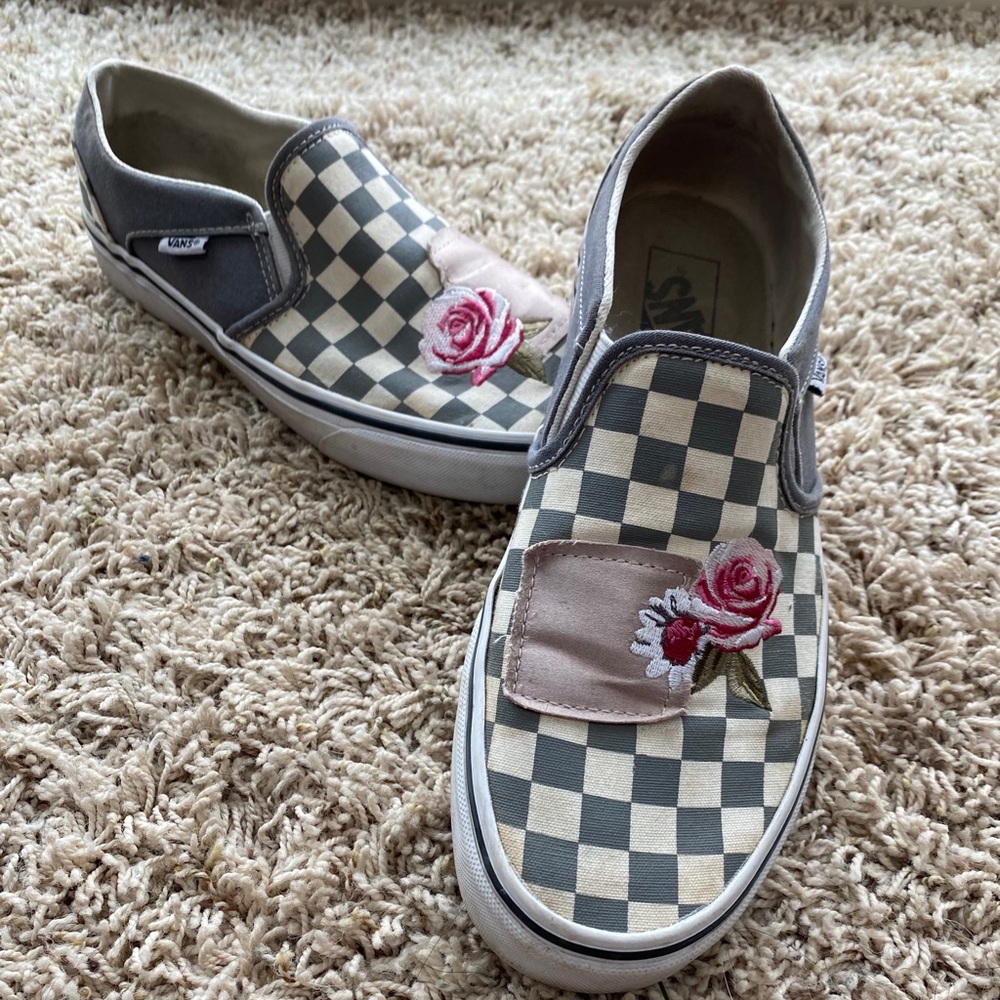Gray Checker Vans with flower!